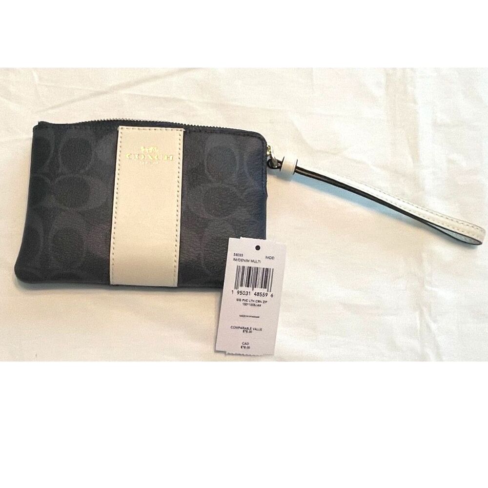 NWT Coach Zipper Denim & Cream 58035 Signature Print Corner Zip Clutch Wristlet